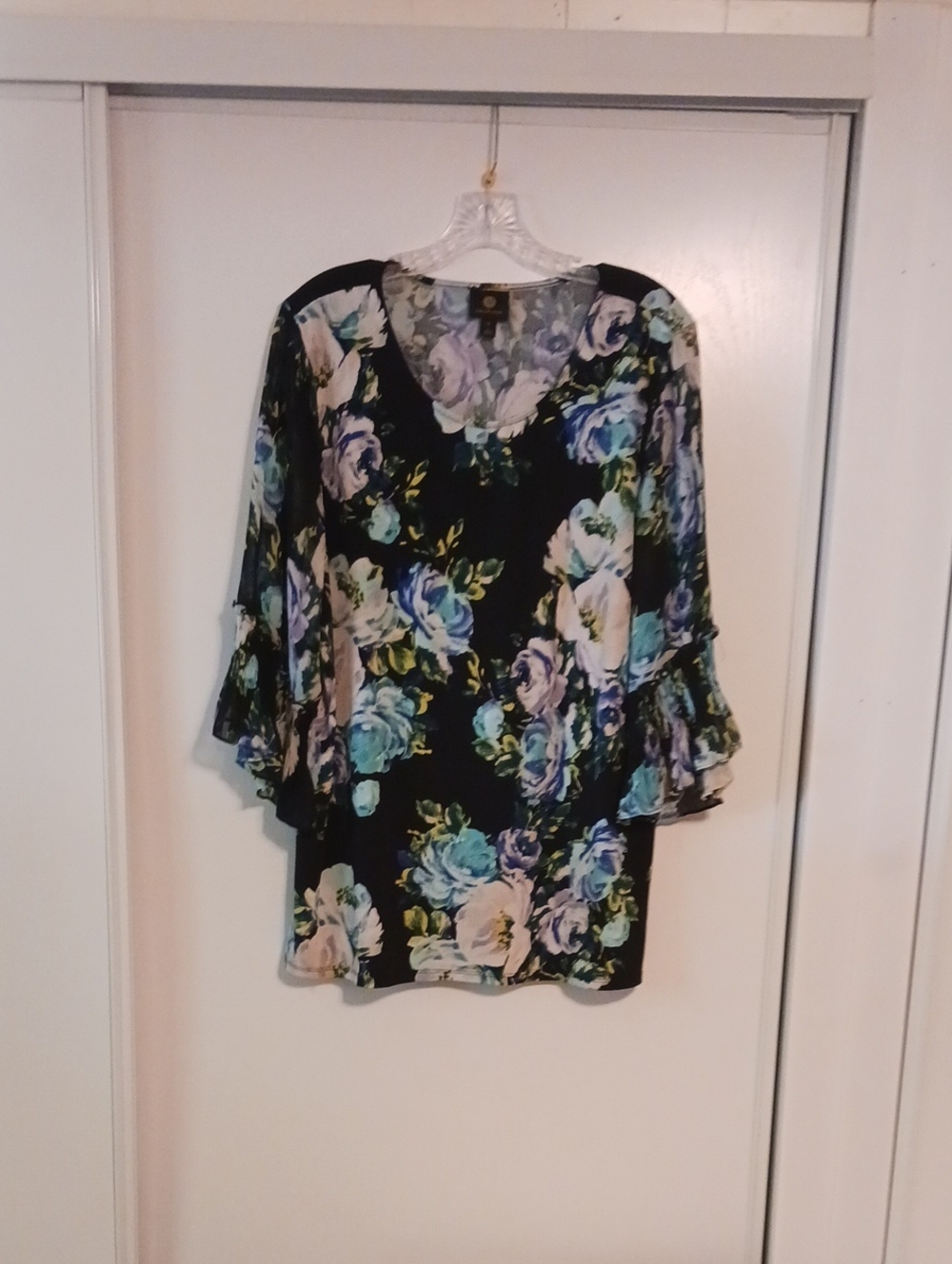 JM Collection Black Floral V-Neck Bell Sleeve Tunic